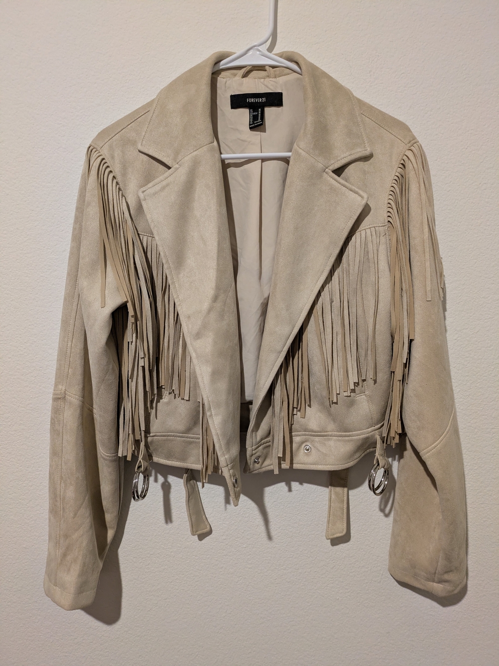 Forever 21 Light Beige Suede Fringe Moto Jacket